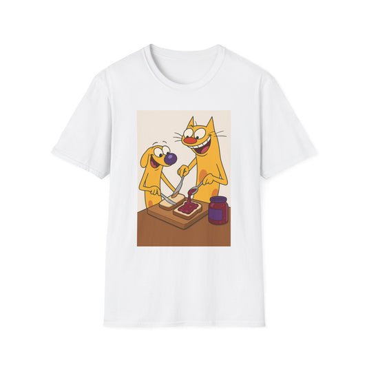 Fun Cat Dog PB&J Planet T-Shirt, Cute Cartoon Tee, Dog and Cat Lovers Gift, Foodie Apparel, Kids and Adults Fashion, Lighthearted Humor Wear